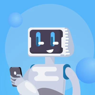 Ein comic-hafter Roboter schaut auf sein Smartphone und freut sich offenbar.