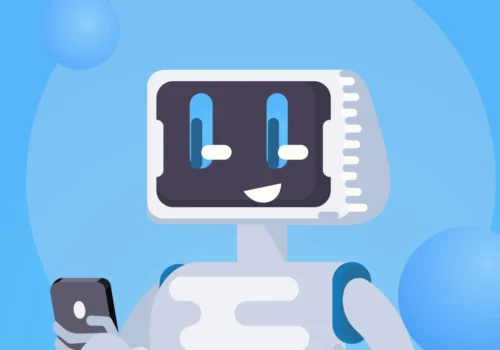 Ein comic-hafter Roboter schaut auf sein Smartphone und freut sich offenbar.