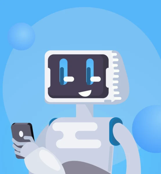 Ein comic-hafter Roboter schaut auf sein Smartphone und freut sich offenbar.