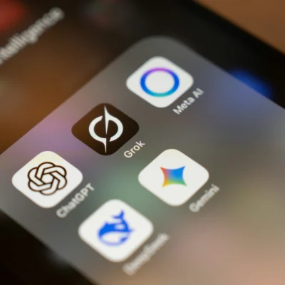 Mehrere KI-Apps auf einem Smartphone. Zentral und am schärfsten erkennbar: Grok.