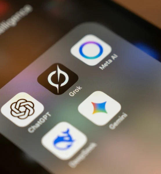 Mehrere KI-Apps auf einem Smartphone. Zentral und am schärfsten erkennbar: Grok.