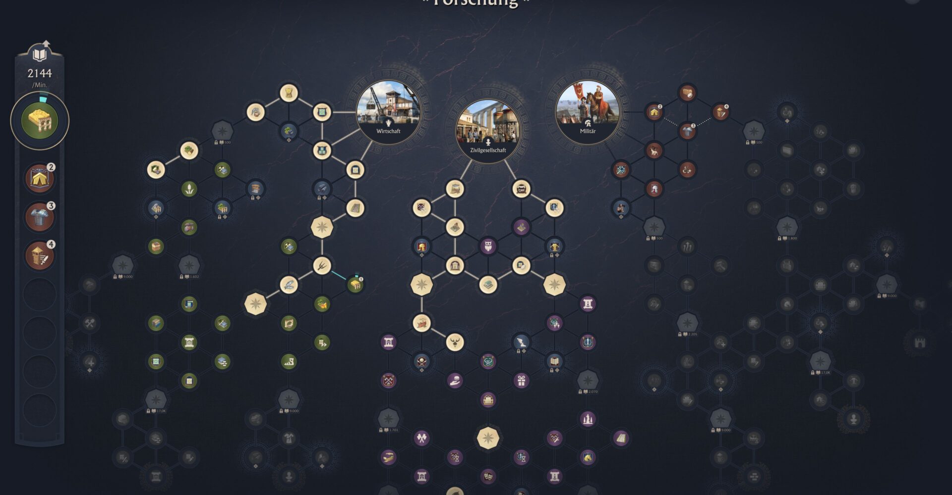 Forschungsbaum in Anno 117, der sich in die drei Hauptzweige Wirtschaft, Zivilgesellschaft und Militär aufteilt.