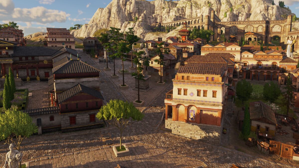 Straßen in einer römischen Stadt, die im 45-Grad-Winkel-Zulaufen. In diesem befindet sich ein kleiner Platz mit Bäumen und einer Statur.