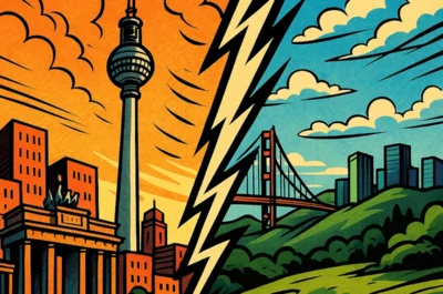Comicartige Gegenüberstellung von Berlin und dem Silicon Valley, getrennt durch einen zackigen Blitz: Links der Berliner Fernsehturm und Stadtsilhouette in warmen Orange­tönen, rechts hügelige Landschaft mit Golden Gate Bridge und Skyline in kühlen Blau- und Grüntönen.