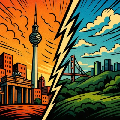 Comicartige Gegenüberstellung von Berlin und dem Silicon Valley, getrennt durch einen zackigen Blitz: Links der Berliner Fernsehturm und Stadtsilhouette in warmen Orange­tönen, rechts hügelige Landschaft mit Golden Gate Bridge und Skyline in kühlen Blau- und Grüntönen.