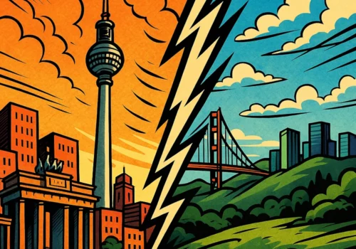 Comicartige Gegenüberstellung von Berlin und dem Silicon Valley, getrennt durch einen zackigen Blitz: Links der Berliner Fernsehturm und Stadtsilhouette in warmen Orangetönen, rechts hügelige Landschaft mit Golden Gate Bridge und Skyline in kühlen Blau- und Grüntönen.