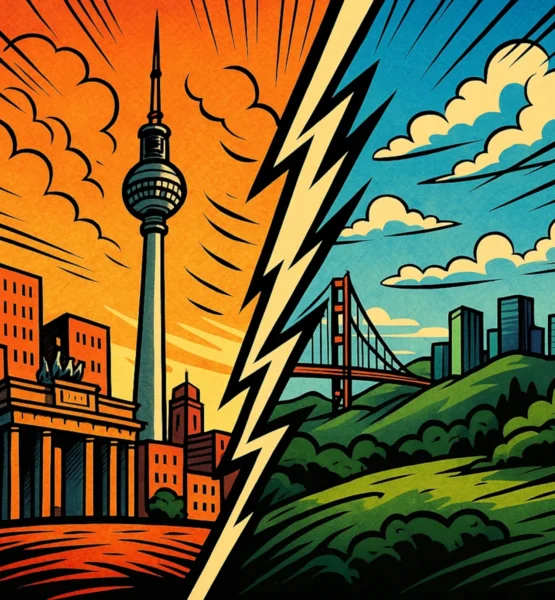 Comicartige Gegenüberstellung von Berlin und dem Silicon Valley, getrennt durch einen zackigen Blitz: Links der Berliner Fernsehturm und Stadtsilhouette in warmen Orange­tönen, rechts hügelige Landschaft mit Golden Gate Bridge und Skyline in kühlen Blau- und Grüntönen.