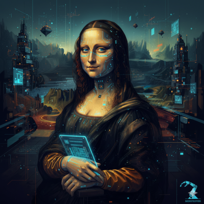 Bild 1:1, Mona Lisa, aber in einer futuristischen Version, es soll digitale Kunst symbolisieren