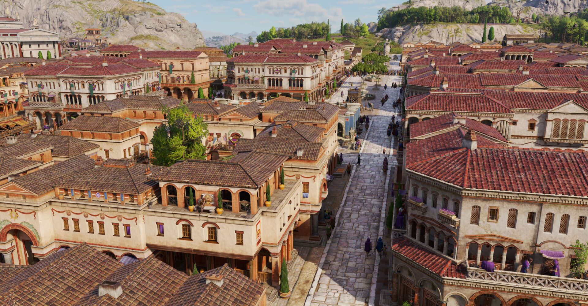 Eine Prachtstraße zwischen Wohnblöcken einer Stadt in Anno 117