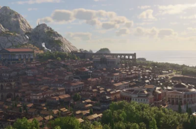 Eine groß angewachsene Stadt in Latium in Anno 117 mit diversen größeren Gebäuden und einem Aquädukt.