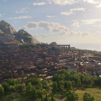 Eine groß angewachsene Stadt in Latium in Anno 117 mit diversen größeren Gebäuden und einem Aquädukt.