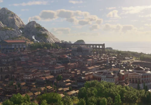 Eine groß angewachsene Stadt in Latium in Anno 117 mit diversen größeren Gebäuden und einem Aquädukt.