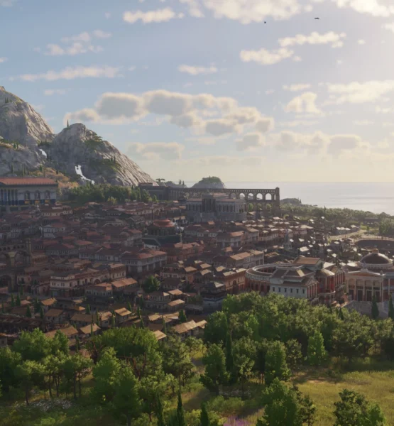 Eine groß angewachsene Stadt in Latium in Anno 117 mit diversen größeren Gebäuden und einem Aquädukt.