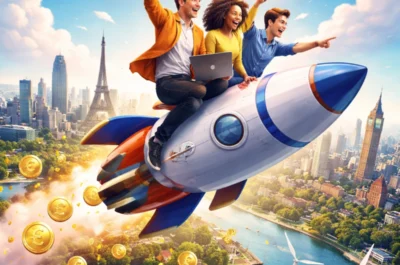 Illustration von drei jungen Gründer:innen, die auf einer Rakete über einer europäischen Stadtlandschaft mit bekannten Wahrzeichen fliegen und Aufbruch, Innovation und Wachstum europäischer Startups symbolisieren.