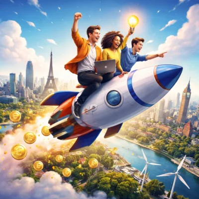 Illustration von drei jungen Gründer:innen, die auf einer Rakete über einer europäischen Stadtlandschaft mit bekannten Wahrzeichen fliegen und Aufbruch, Innovation und Wachstum europäischer Startups symbolisieren.