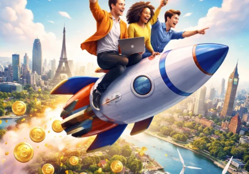 Illustration von drei jungen Gründer:innen, die auf einer Rakete über einer europäischen Stadtlandschaft mit bekannten Wahrzeichen fliegen und Aufbruch, Innovation und Wachstum europäischer Startups symbolisieren.