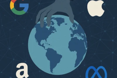 Illustration einer Hand, die eine digitale Weltkugel umgreift, umgeben von Symbolen großer Tech-Konzerne – Sinnbild für die Kontrolle des Internets.