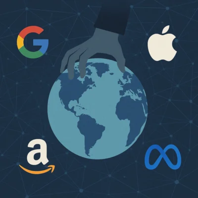 Illustration einer Hand, die eine digitale Weltkugel umgreift, umgeben von Symbolen großer Tech-Konzerne – Sinnbild für die Kontrolle des Internets.