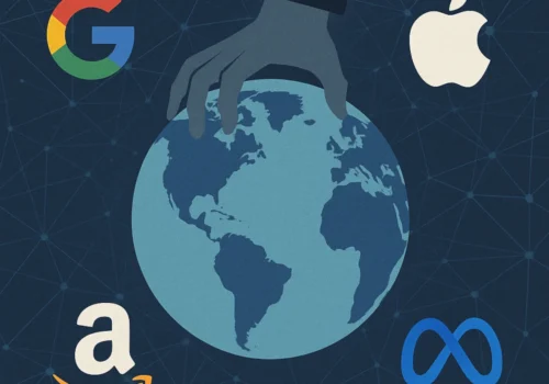 Illustration einer Hand, die eine digitale Weltkugel umgreift, umgeben von Symbolen großer Tech-Konzerne – Sinnbild für die Kontrolle des Internets.