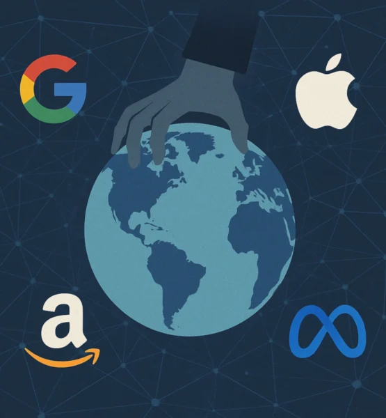 Illustration einer Hand, die eine digitale Weltkugel umgreift, umgeben von Symbolen großer Tech-Konzerne – Sinnbild für die Kontrolle des Internets.