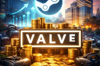 Illustration eines großen, leuchtenden Steam-Symbols über hohen Stapeln goldener Münzen und Geldsäcken und einem VALVE-Logo. Im Vordergrund liegen ein VR-Headset und ein tragbares Gaming-Gerät. Im Hintergrund ist eine moderne, futuristische Stadt bei Abendlicht zu sehen, mit aufwärts gerichteten Pfeilen als Symbol für Wachstum.