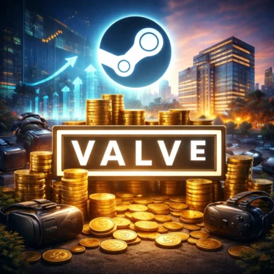 Illustration eines großen, leuchtenden Steam-Symbols über hohen Stapeln goldener Münzen und Geldsäcken und einem VALVE-Logo. Im Vordergrund liegen ein VR-Headset und ein tragbares Gaming-Gerät. Im Hintergrund ist eine moderne, futuristische Stadt bei Abendlicht zu sehen, mit aufwärts gerichteten Pfeilen als Symbol für Wachstum.