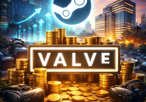 Illustration eines großen, leuchtenden Steam-Symbols über hohen Stapeln goldener Münzen und Geldsäcken und einem VALVE-Logo. Im Vordergrund liegen ein VR-Headset und ein tragbares Gaming-Gerät. Im Hintergrund ist eine moderne, futuristische Stadt bei Abendlicht zu sehen, mit aufwärts gerichteten Pfeilen als Symbol für Wachstum.