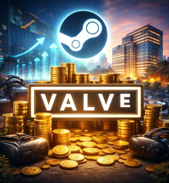 Illustration eines großen, leuchtenden Steam-Symbols über hohen Stapeln goldener Münzen und Geldsäcken und einem VALVE-Logo. Im Vordergrund liegen ein VR-Headset und ein tragbares Gaming-Gerät. Im Hintergrund ist eine moderne, futuristische Stadt bei Abendlicht zu sehen, mit aufwärts gerichteten Pfeilen als Symbol für Wachstum.
