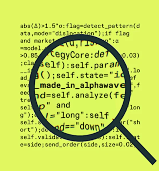 Programmcode auf einem hellgrünen Hintergrund. Eine Lupe vergrößert einen Teil, bei dem "_made_in_alphawave" fett hervorgehoben ist.