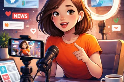 Eine junge Frau sitzt in einem Home-Studio vor Kamera und Mikrofon und nimmt ein Nachrichtenvideo für soziale Medien auf. Vor ihr stehen Smartphone, Laptop und Kaffeetasse, im Hintergrund sind Leuchtring, digitale Symbole und News-Grafiken zu sehen. Die Szene zeigt eine moderne Newsfluencerin bei der Arbeit.