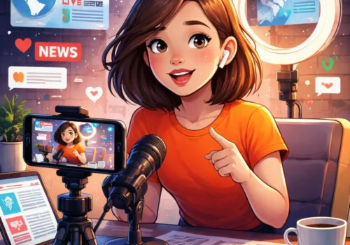 Eine junge Frau sitzt in einem Home-Studio vor Kamera und Mikrofon und nimmt ein Nachrichtenvideo für soziale Medien auf. Vor ihr stehen Smartphone, Laptop und Kaffeetasse, im Hintergrund sind Leuchtring, digitale Symbole und News-Grafiken zu sehen. Die Szene zeigt eine moderne Newsfluencerin bei der Arbeit.