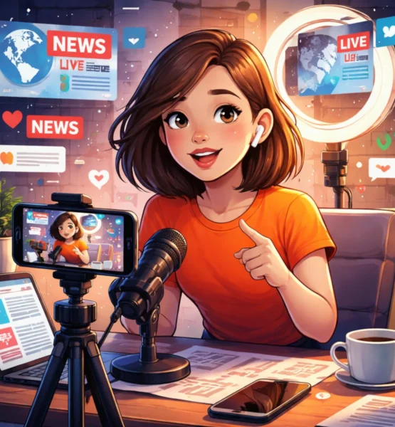 Eine junge Frau sitzt in einem Home-Studio vor Kamera und Mikrofon und nimmt ein Nachrichtenvideo für soziale Medien auf. Vor ihr stehen Smartphone, Laptop und Kaffeetasse, im Hintergrund sind Leuchtring, digitale Symbole und News-Grafiken zu sehen. Die Szene zeigt eine moderne Newsfluencerin bei der Arbeit.
