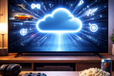 Modernes Wohnzimmer mit großem Fernseher, auf dem eine leuchtende Wolke und abstrakte Gaming-Symbole zu sehen sind. Davor liegen zwei Gamecontroller auf einem Tisch, daneben Kopfhörer, Smartphone und Snacks – Symbolbild für Cloud Gaming auf dem Fernseher
