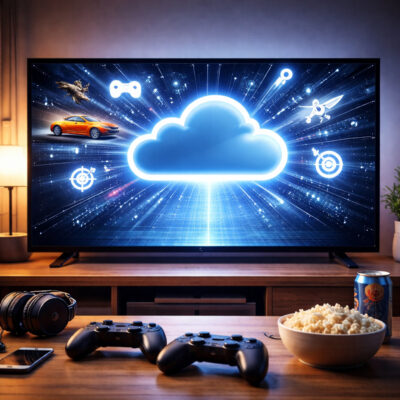 Modernes Wohnzimmer mit großem Fernseher, auf dem eine leuchtende Wolke und abstrakte Gaming-Symbole zu sehen sind. Davor liegen zwei Gamecontroller auf einem Tisch, daneben Kopfhörer, Smartphone und Snacks – Symbolbild für Cloud Gaming auf dem Fernseher