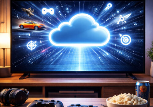 Modernes Wohnzimmer mit großem Fernseher, auf dem eine leuchtende Wolke und abstrakte Gaming-Symbole zu sehen sind. Davor liegen zwei Gamecontroller auf einem Tisch, daneben Kopfhörer, Smartphone und Snacks – Symbolbild für Cloud Gaming auf dem Fernseher