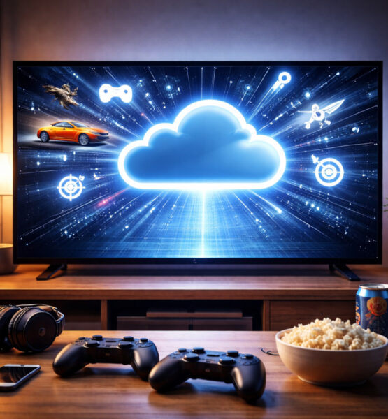 Modernes Wohnzimmer mit großem Fernseher, auf dem eine leuchtende Wolke und abstrakte Gaming-Symbole zu sehen sind. Davor liegen zwei Gamecontroller auf einem Tisch, daneben Kopfhörer, Smartphone und Snacks – Symbolbild für Cloud Gaming auf dem Fernseher
