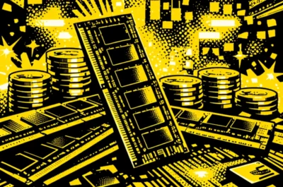 Mehrere RAM-Module stehen auf einer Leiterplatte, dahinter sind gestapelte Goldmünzen zu sehen; im Hintergrund unscharfe Lichter einer Chipfabrik – Symbolbild für steigende Speicherpreise.