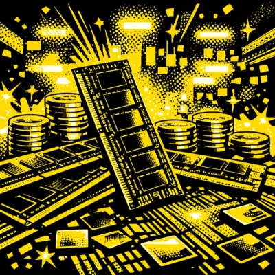 Mehrere RAM-Module stehen auf einer Leiterplatte, dahinter sind gestapelte Goldmünzen zu sehen; im Hintergrund unscharfe Lichter einer Chipfabrik – Symbolbild für steigende Speicherpreise.