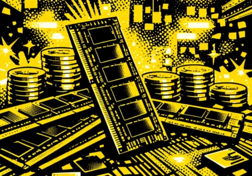 Mehrere RAM-Module stehen auf einer Leiterplatte, dahinter sind gestapelte Goldmünzen zu sehen; im Hintergrund unscharfe Lichter einer Chipfabrik – Symbolbild für steigende Speicherpreise.
