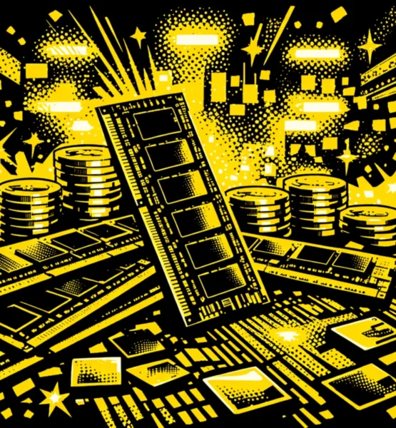 Mehrere RAM-Module stehen auf einer Leiterplatte, dahinter sind gestapelte Goldmünzen zu sehen; im Hintergrund unscharfe Lichter einer Chipfabrik – Symbolbild für steigende Speicherpreise.