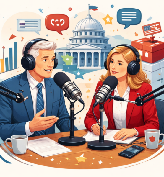 Ein Podcast-Host spricht im Studio mit einem Politiker.