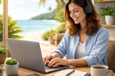 Eine Frau arbeitet remote an einem Laptop an einem Holztisch in einem lichtdurchfluteten Raum mit Blick auf einen tropischen Strand und Palmen. Sie trägt Kopfhörer und tippt konzentriert, während neben ihr ein Smartphone, Notizbuch, Stift und eine Kaffeetasse liegen. Pflanzen und die offene Küstenlandschaft im Hintergrund symbolisieren ortsunabhängiges Arbeiten, Flexibilität und die moderne Arbeitswelt im Homeoffice oder auf Reisen.