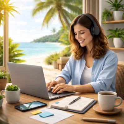 Eine Frau arbeitet remote an einem Laptop an einem Holztisch in einem lichtdurchfluteten Raum mit Blick auf einen tropischen Strand und Palmen. Sie trägt Kopfhörer und tippt konzentriert, während neben ihr ein Smartphone, Notizbuch, Stift und eine Kaffeetasse liegen. Pflanzen und die offene Küstenlandschaft im Hintergrund symbolisieren ortsunabhängiges Arbeiten, Flexibilität und die moderne Arbeitswelt im Homeoffice oder auf Reisen.