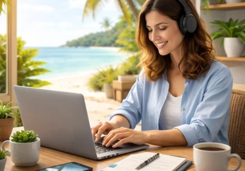 Eine Frau arbeitet remote an einem Laptop an einem Holztisch in einem lichtdurchfluteten Raum mit Blick auf einen tropischen Strand und Palmen. Sie trägt Kopfhörer und tippt konzentriert, während neben ihr ein Smartphone, Notizbuch, Stift und eine Kaffeetasse liegen. Pflanzen und die offene Küstenlandschaft im Hintergrund symbolisieren ortsunabhängiges Arbeiten, Flexibilität und die moderne Arbeitswelt im Homeoffice oder auf Reisen.