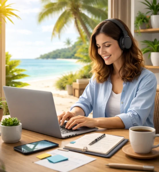 Eine Frau arbeitet remote an einem Laptop an einem Holztisch in einem lichtdurchfluteten Raum mit Blick auf einen tropischen Strand und Palmen. Sie trägt Kopfhörer und tippt konzentriert, während neben ihr ein Smartphone, Notizbuch, Stift und eine Kaffeetasse liegen. Pflanzen und die offene Küstenlandschaft im Hintergrund symbolisieren ortsunabhängiges Arbeiten, Flexibilität und die moderne Arbeitswelt im Homeoffice oder auf Reisen.
