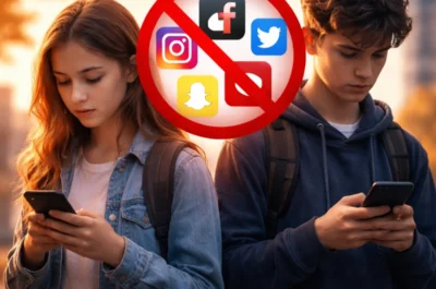 Zwei Jugendliche stehen nebeneinander im Freien bei warmem Abendlicht und schauen auf ihre Smartphones. Zwischen ihnen schwebt ein rotes Verbotssymbol, das mehrere Social-Media-Icons überdeckt. Beide wirken nachdenklich und tragen Rucksäcke vor einer unscharfen städtischen Kulisse.