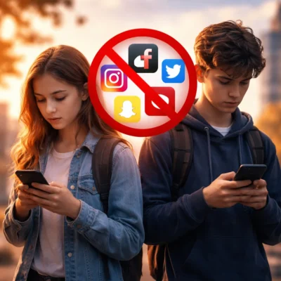 Zwei Jugendliche stehen nebeneinander im Freien bei warmem Abendlicht und schauen auf ihre Smartphones. Zwischen ihnen schwebt ein rotes Verbotssymbol, das mehrere Social-Media-Icons überdeckt. Beide wirken nachdenklich und tragen Rucksäcke vor einer unscharfen städtischen Kulisse.