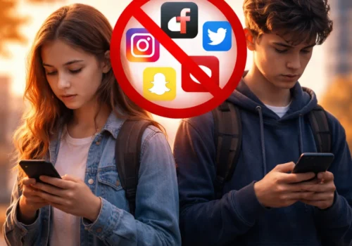 Zwei Jugendliche stehen nebeneinander im Freien bei warmem Abendlicht und schauen auf ihre Smartphones. Zwischen ihnen schwebt ein rotes Verbotssymbol, das mehrere Social-Media-Icons überdeckt. Beide wirken nachdenklich und tragen Rucksäcke vor einer unscharfen städtischen Kulisse.