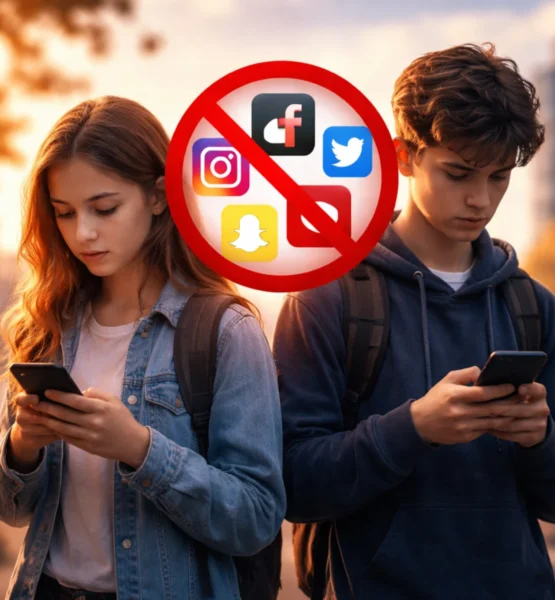 Zwei Jugendliche stehen nebeneinander im Freien bei warmem Abendlicht und schauen auf ihre Smartphones. Zwischen ihnen schwebt ein rotes Verbotssymbol, das mehrere Social-Media-Icons überdeckt. Beide wirken nachdenklich und tragen Rucksäcke vor einer unscharfen städtischen Kulisse.