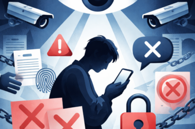 Ein großes Auge beobachtet einen Menschen und symbolisiert die Angst vor negativen Folgen der Meinnugsäußerung.